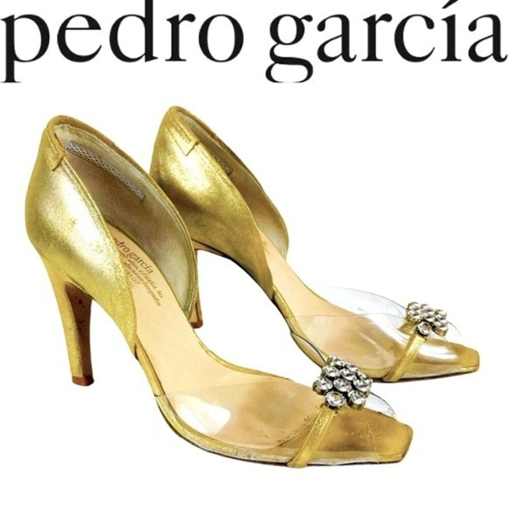 PEDRO GARCIA Retro Gold Metallic Jewel Glitter Peep Toe D'Orsay Heels Shoes 7.5 - Picture 2 of 16